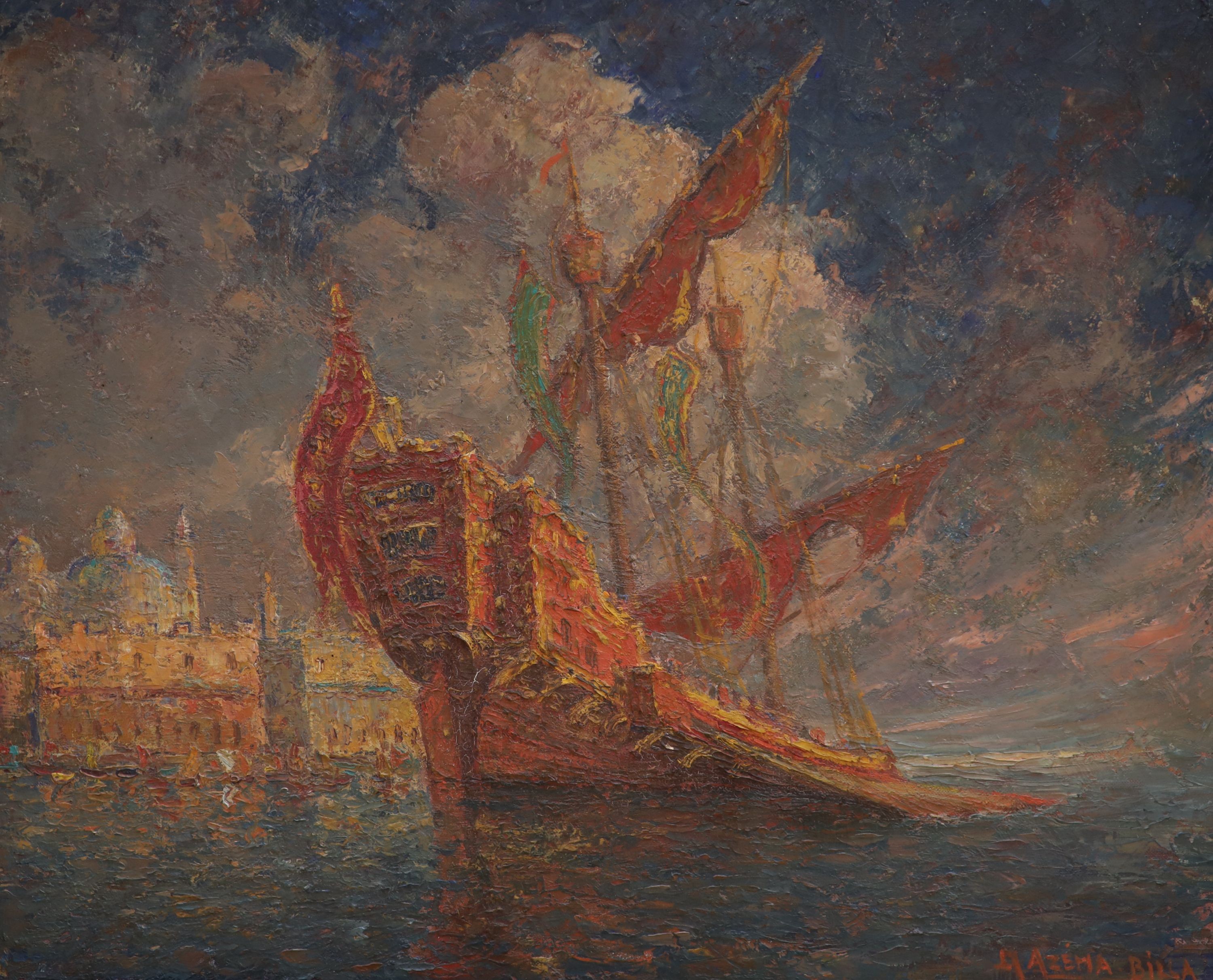 Marcel Azema-Billa (1904-1999). French. A Venetian galleon, oil on canvas, signed and inscribed on a label verso, 19.75